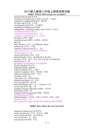 2013新人教版八年级上册英语单词表全(可打印)