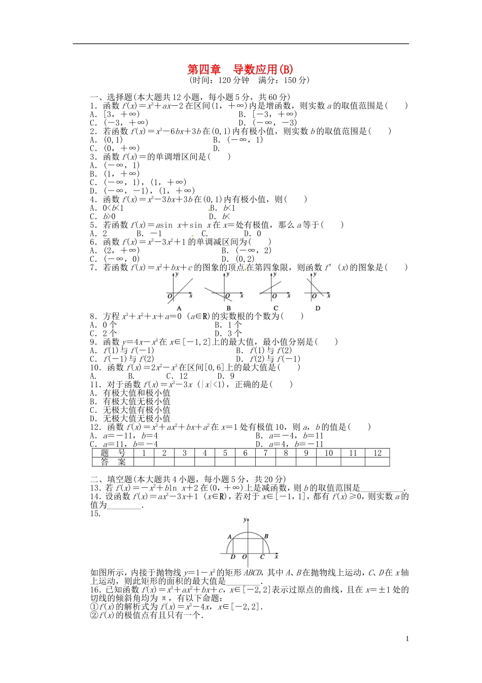 高中数学 第四章 导数应用单元检测（B）（含解析）北师大版选修1-1-北师大版高二选修1-1数学试题_第1页