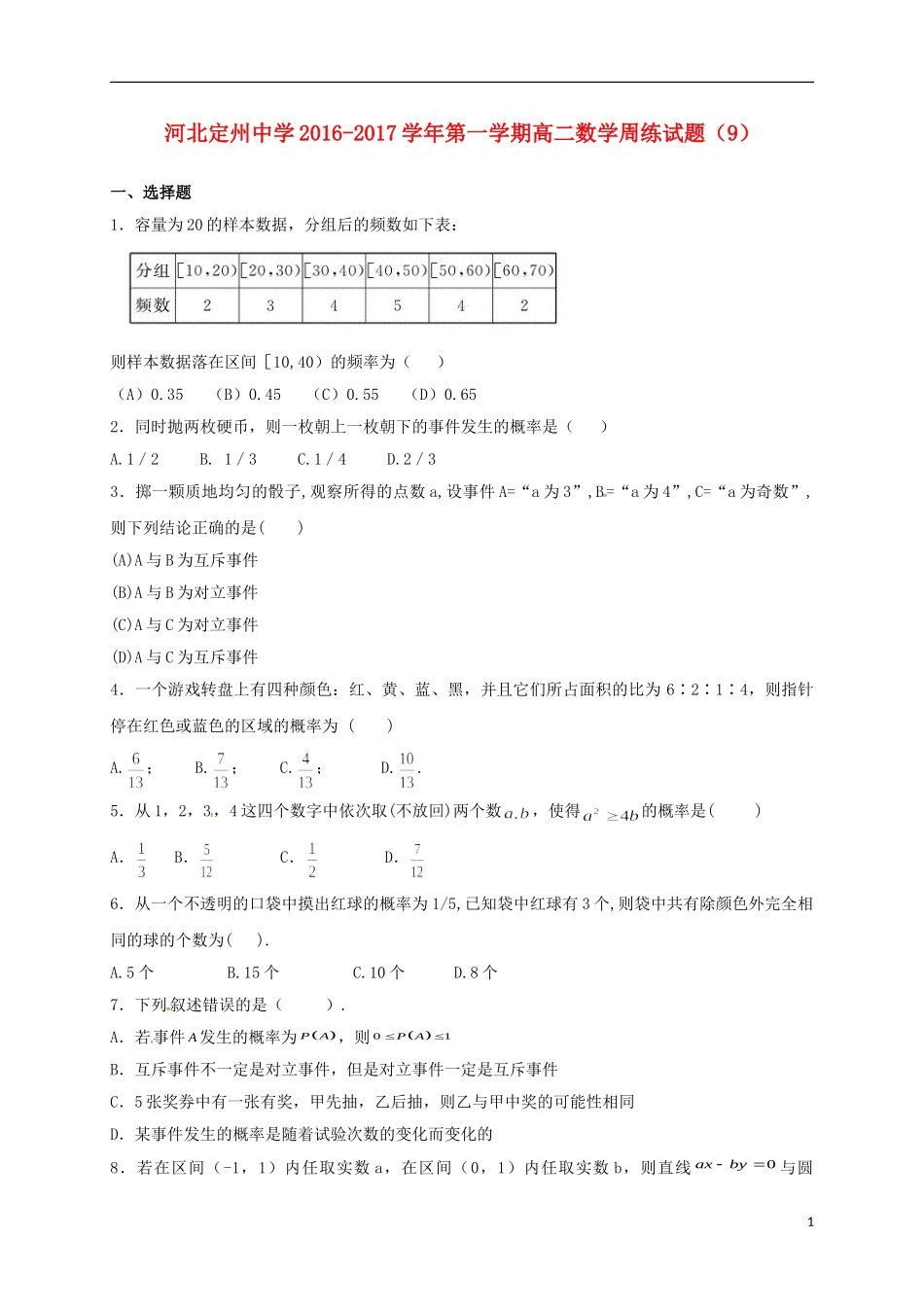高二数学上学期周练试题（11.25）-人教版高二全册数学试题_第1页