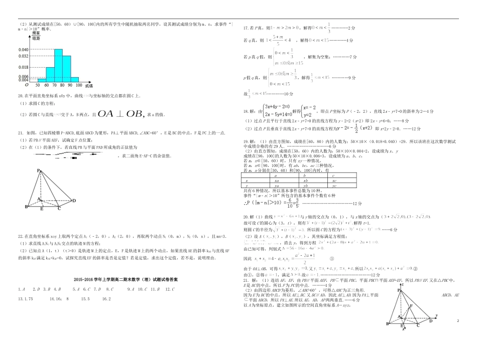 湖北省长阳一中度高二数学上学期期末考试试题 理-人教版高二全册数学试题_第2页