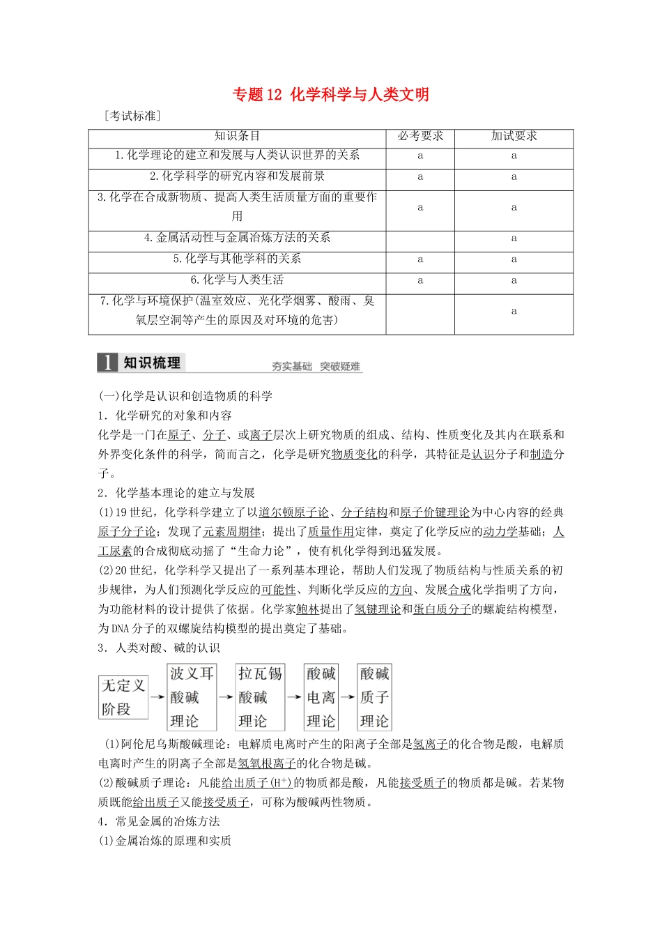 新（浙江专用）高考化学二轮复习 专题12 化学科学与人类文明（含解析）-人教版高三全册化学试题_第1页