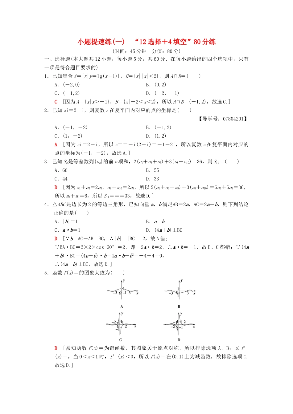 高考数学二轮复习 小题提速练1“12选择＋4填空”80分练 理-人教版高三全册数学试题_第1页