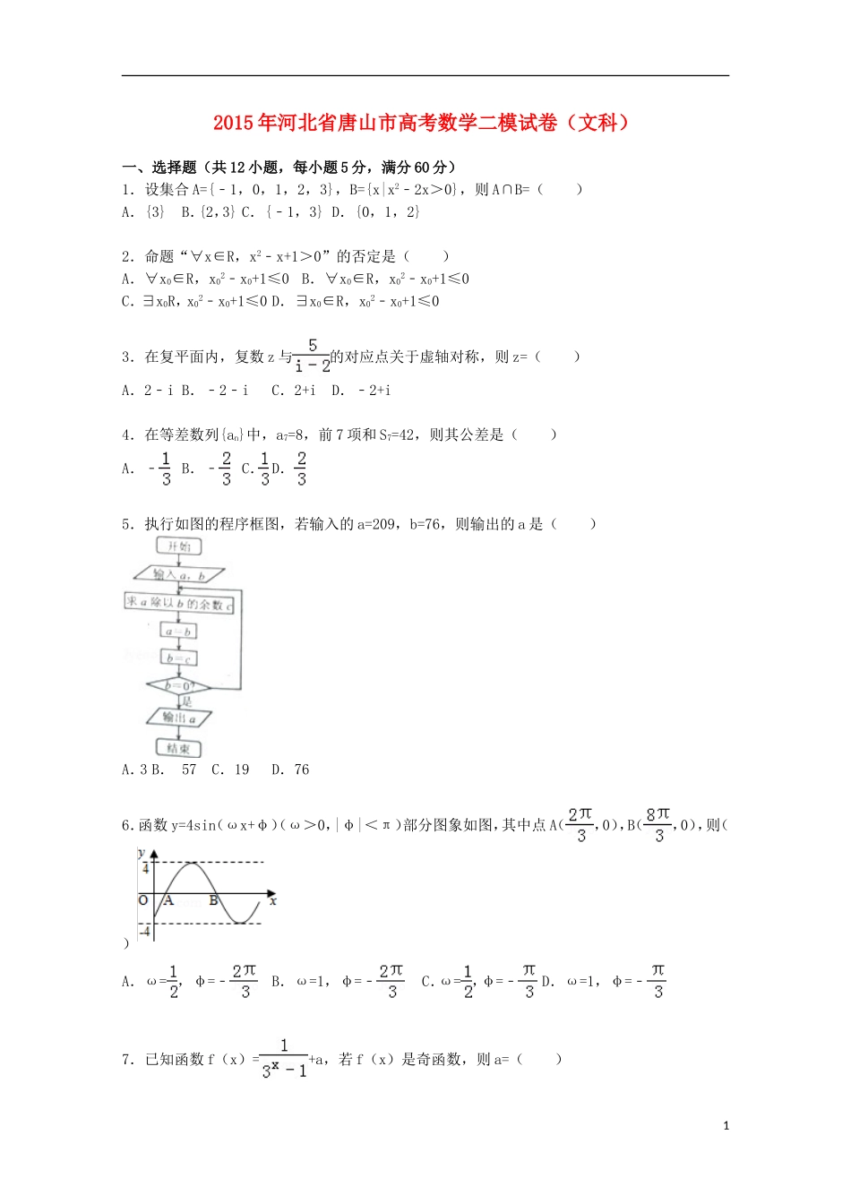 河北省唐山市高三数学下学期第二次模拟试卷 文（含解析）-人教版高三全册数学试题_第1页