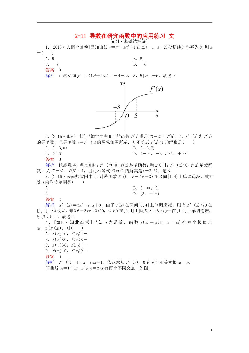 高考数学一轮复习 第二章 函数、导数及其应用 2-11 导数在研究函数中的应用练习 文-人教版高三全册数学试题_第1页