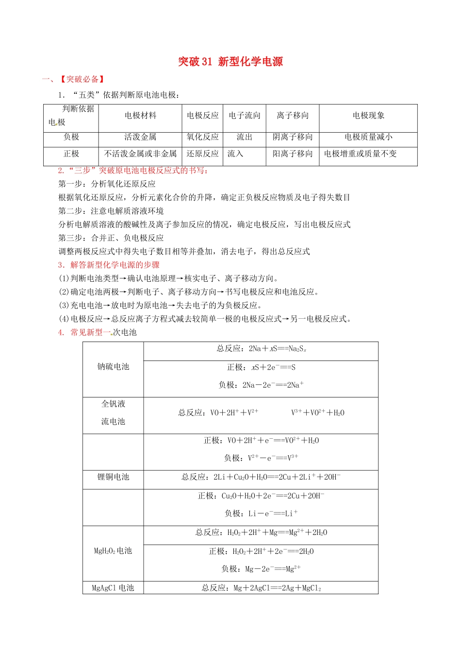 冲刺高考化学二轮复习 核心考点特色突破 突破31 新型化学电源（含解析）-人教版高三全册化学试题_第1页