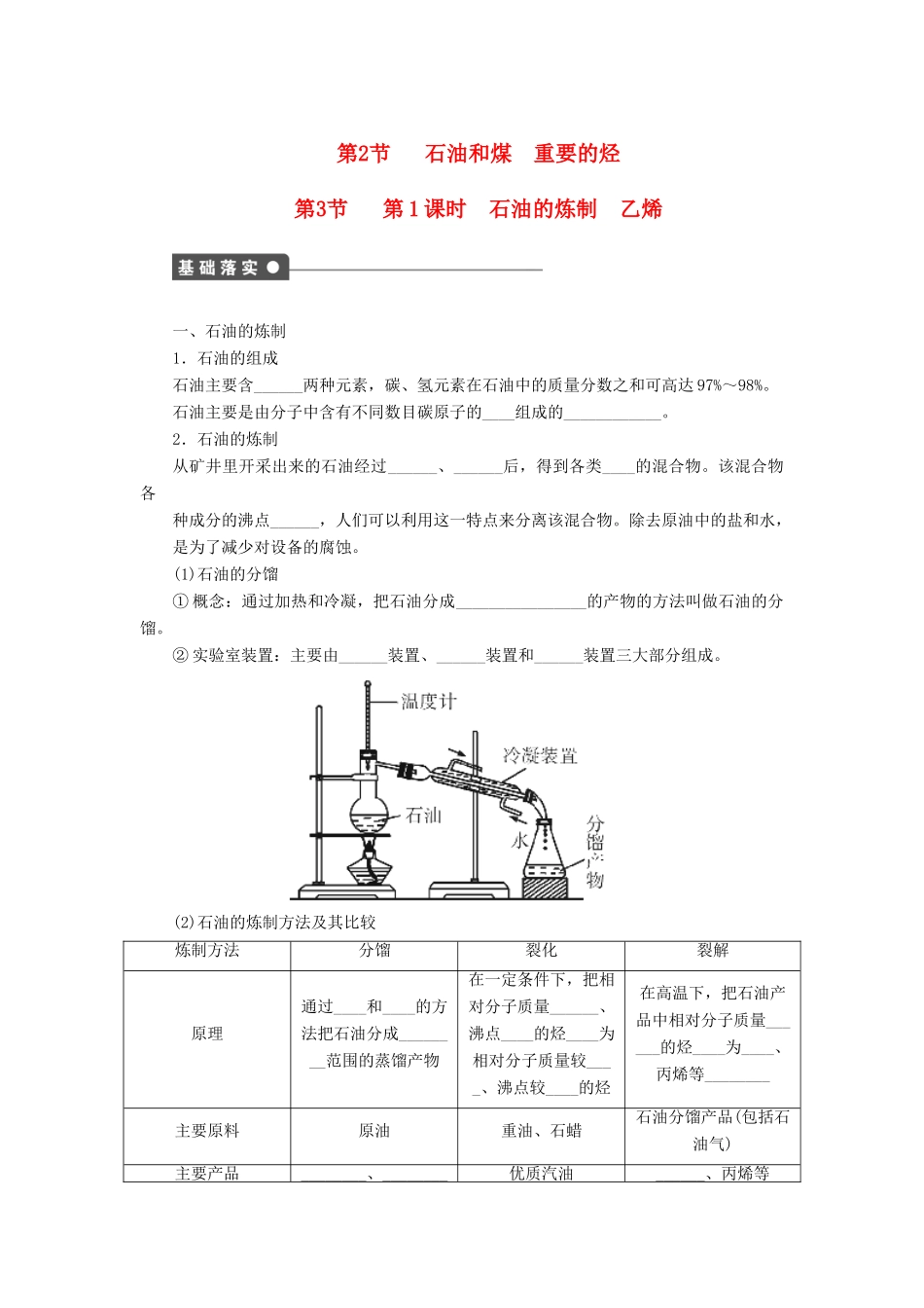 高中化学 第三章 第2节 第1课时 石油的炼制 乙烯课后作业 鲁科版必修2-鲁科版高一必修2化学试题_第1页