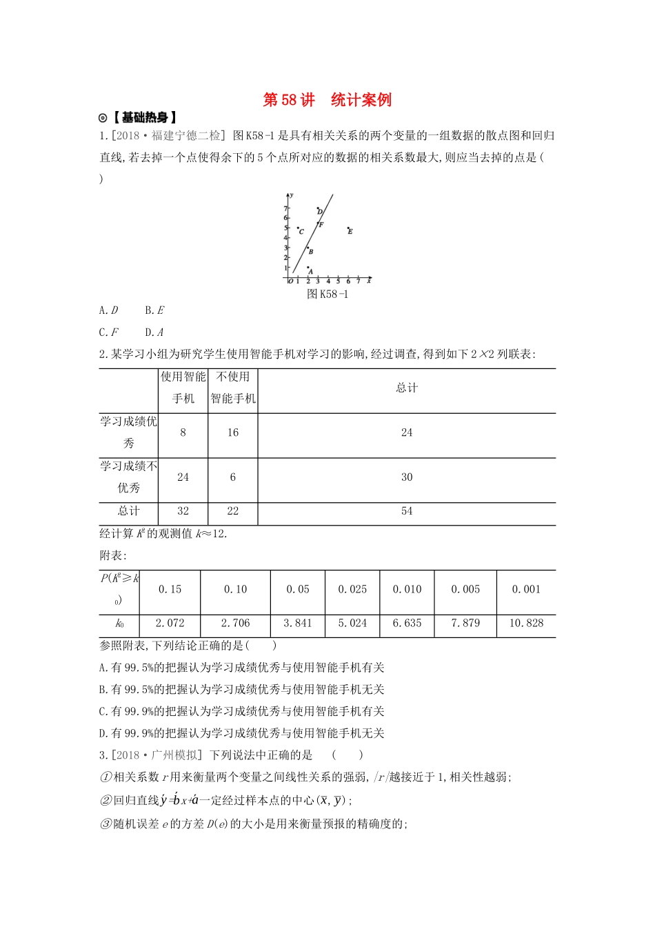 高考数学复习 第十一单元 第58讲 统计案例练习 理 新人教A版-新人教A版高三全册数学试题_第1页