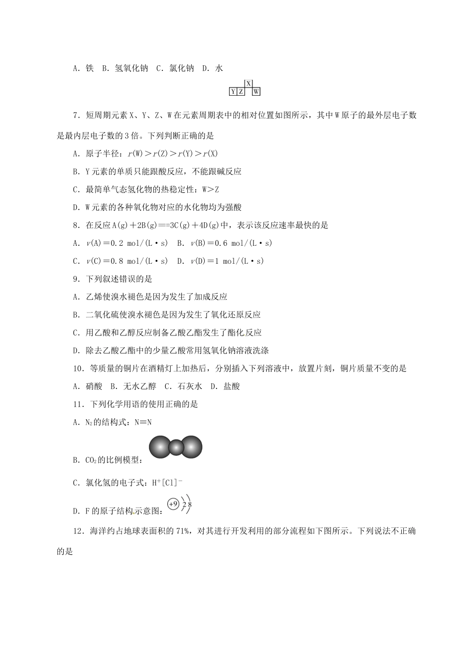 湖南省长沙市高一化学下学期期末考试试题-人教版高一全册化学试题_第2页