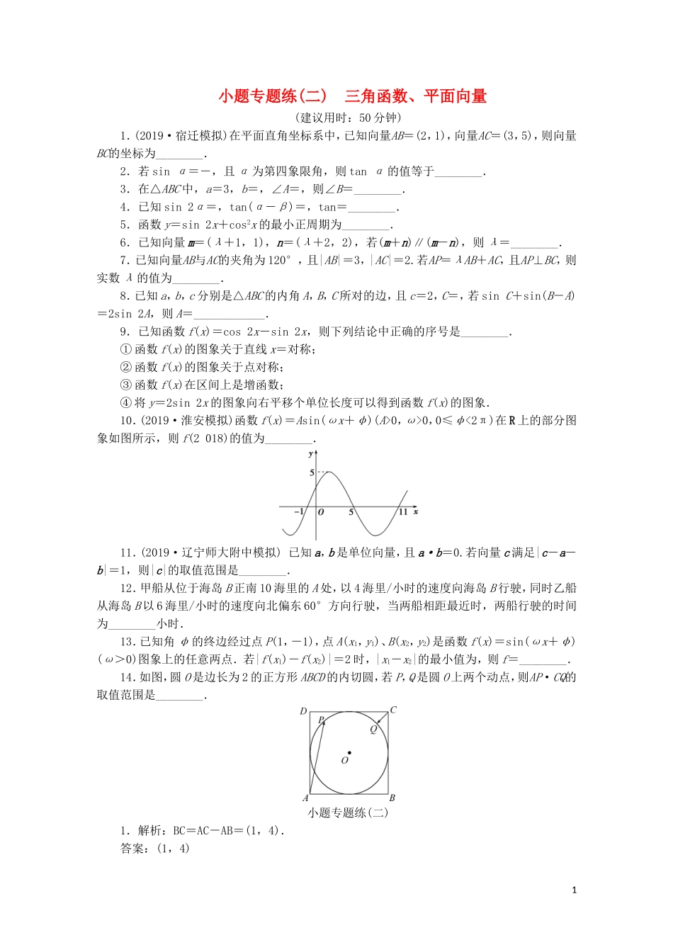 （江苏专用）高考数学三轮复习 小题专题练（二）三角函数、平面向量 文 苏教版-苏教版高三全册数学试题_第1页