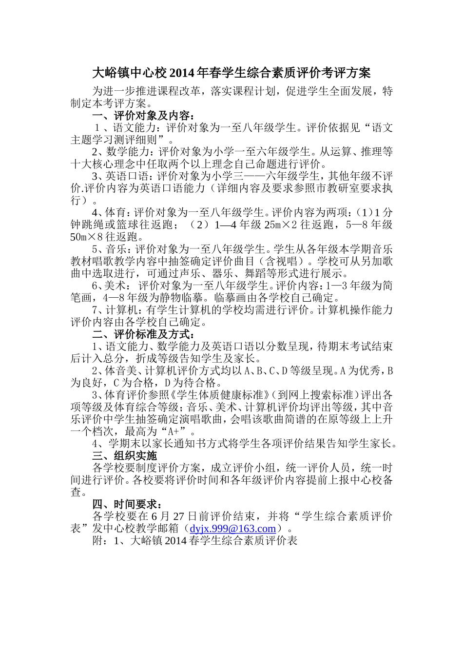 大峪镇中心校2014年春学生综合素质评价考评方案_第1页
