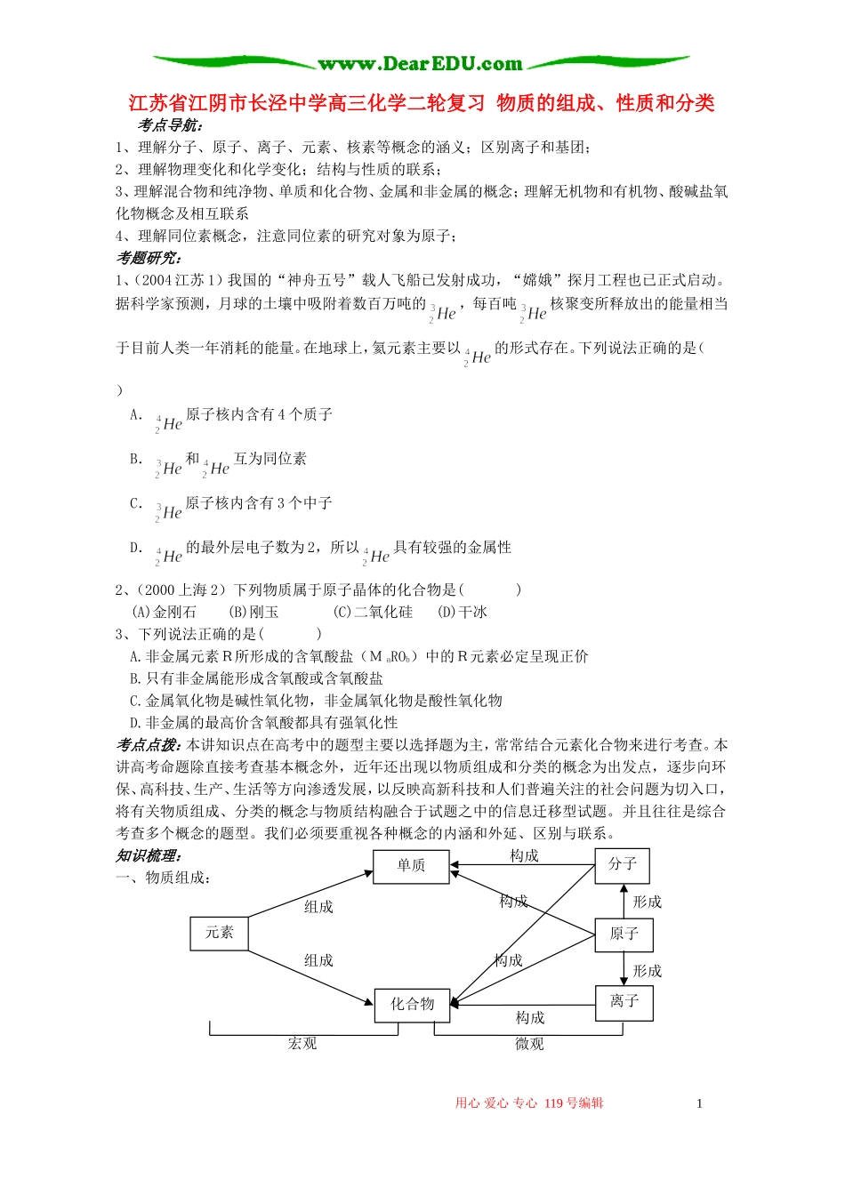 江苏省江阴市长泾中学高三化学二轮复习 物质的组成、性质和分类_第1页