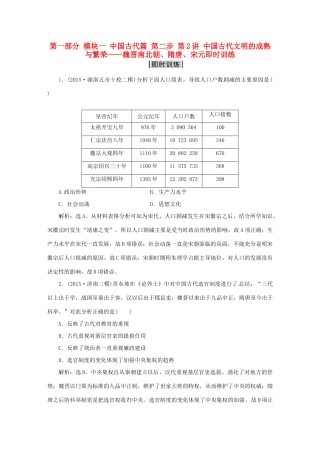 优化方案（专题史全国卷Ⅰ）高考历史二轮总复习 第一部分 模块一 中国古代篇 第二步 第2讲 中国古代文明的成熟与繁荣——魏晋南北朝、隋唐、宋元即时训练-人教版高三全册历史试题