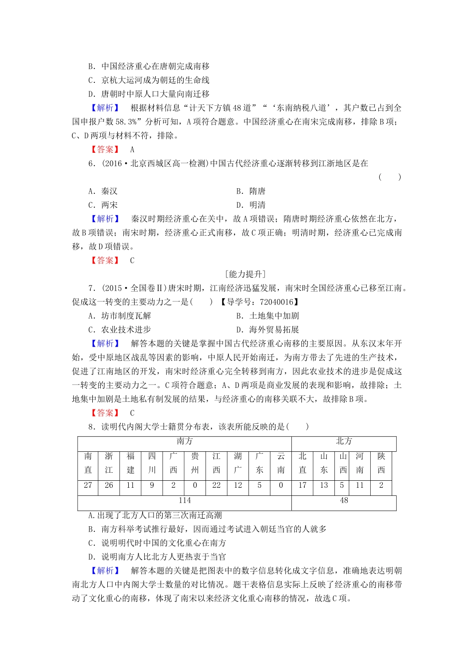 高中历史 第1单元 中国古代的农耕经济 学业分层测评3 区域经济和重心的南移 岳麓版必修2-岳麓版高一必修2历史试题_第2页