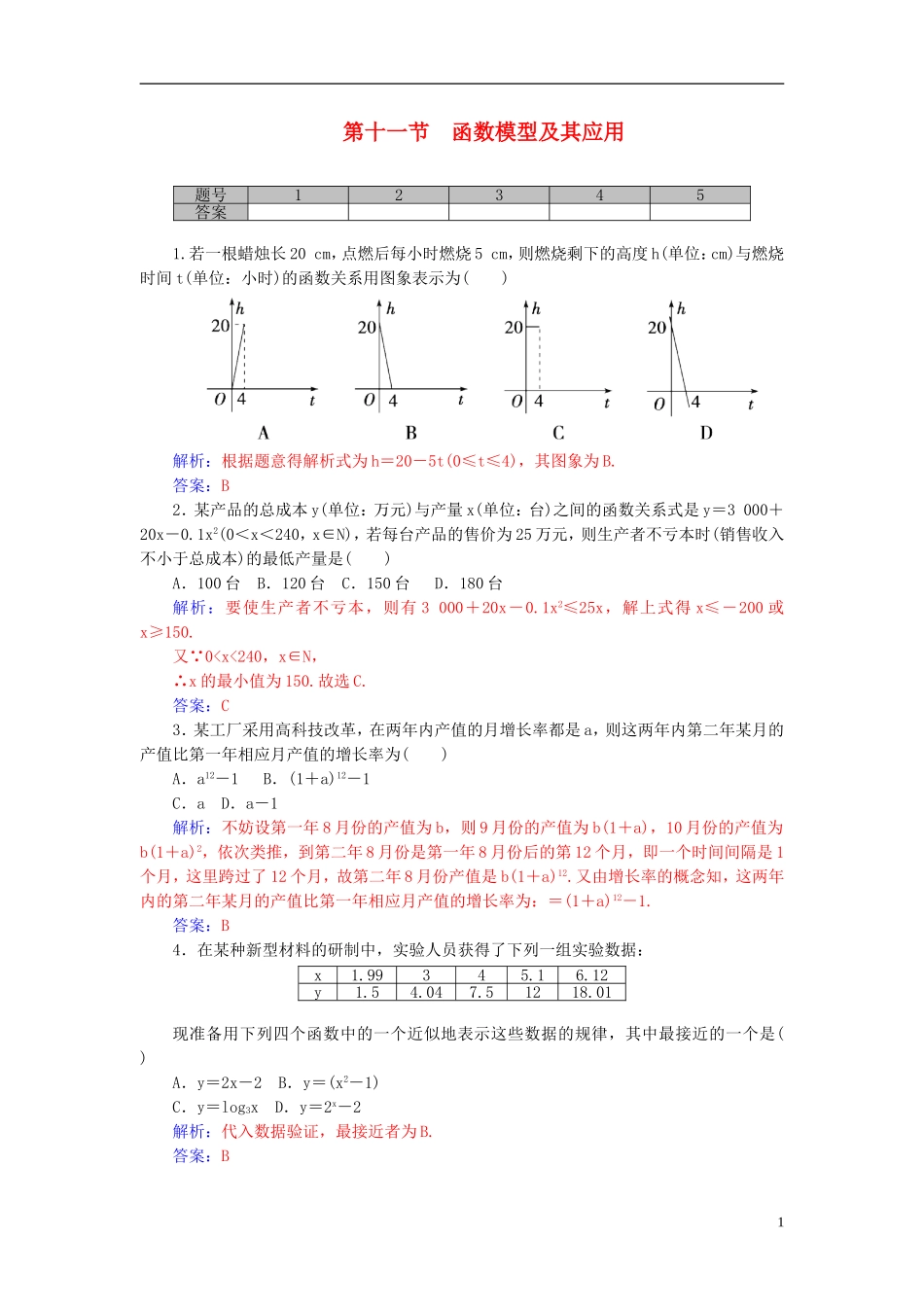 高考数学一轮复习 2.11函数模型及其应用练习 理-人教版高三全册数学试题_第1页