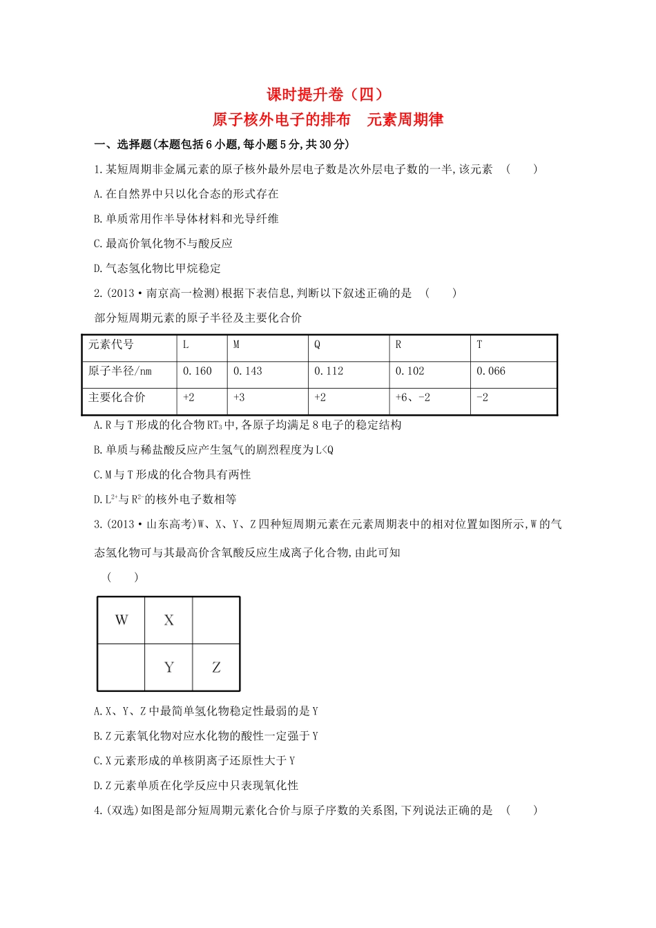 【课时讲练通】高中化学 1.2.1原子核外电子的排布　元素周期律课时提升卷 新人教版必修2_第1页