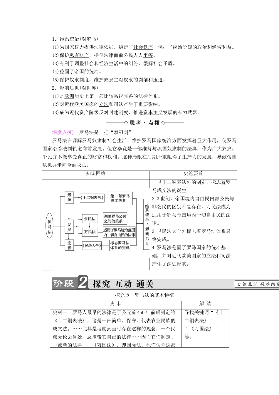 高中历史 第2单元 古代希腊罗马的政治制度 第6课 罗马法的起源与发展教材梳理点拨 新人教版必修1-新人教版高一必修1历史试题_第2页