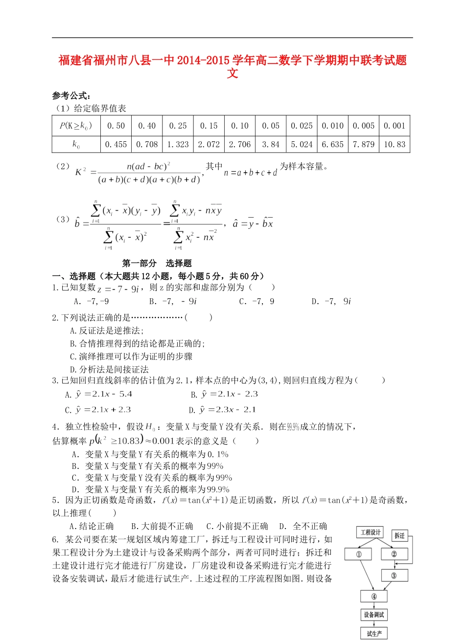 福建省福州市八县一中高二数学下学期期中联考试题 文-人教版高二全册数学试题_第1页