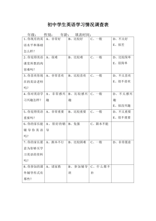 初中生英语学习情况调查表