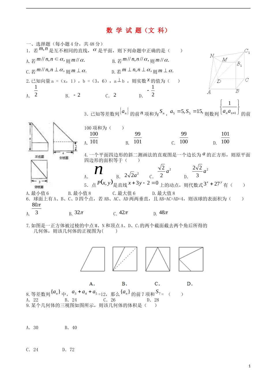 高中高一数学下学期期末考试试题 文（无答案）-人教版高一全册数学试题_第1页