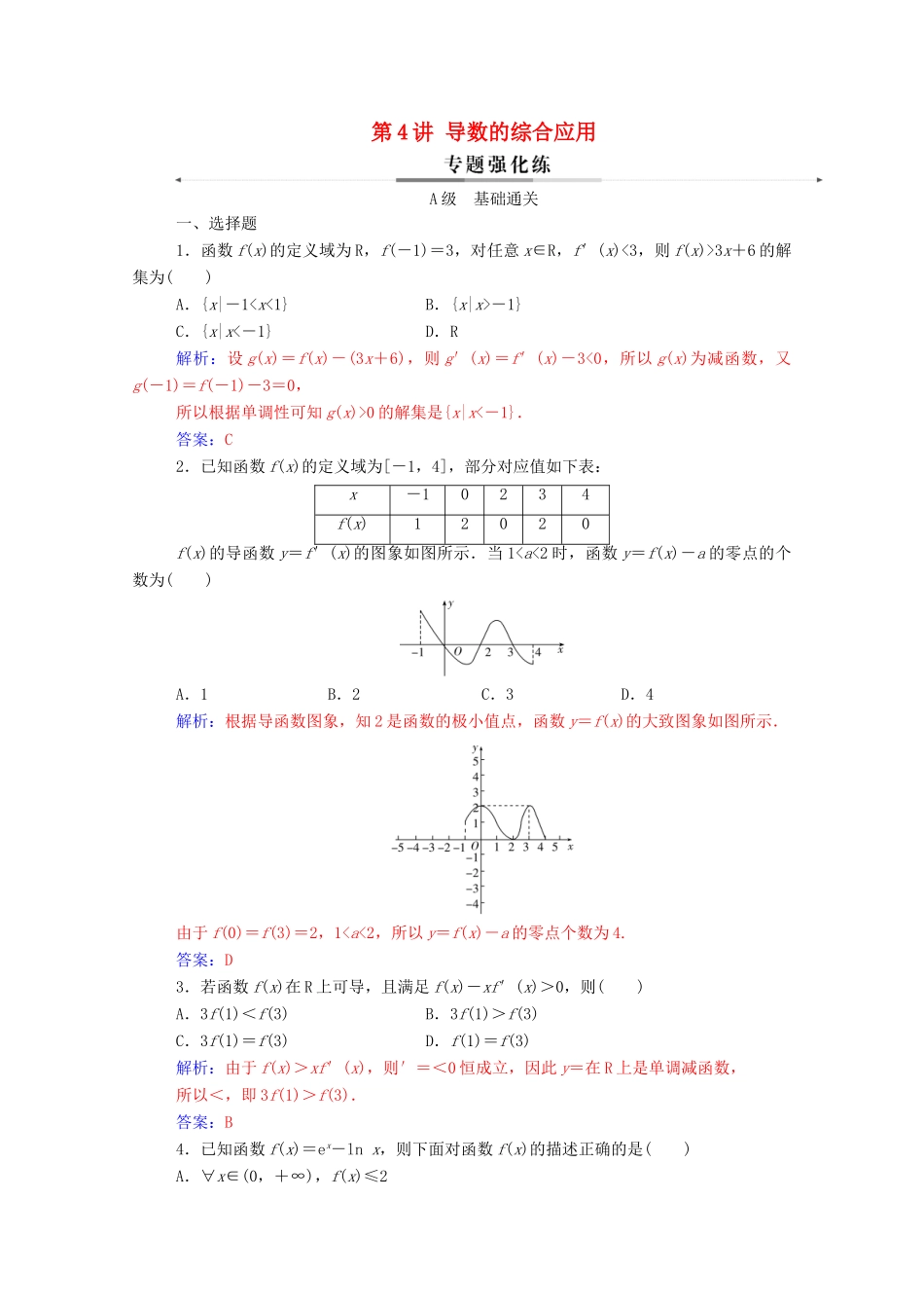 高考数学二轮复习 第二部分 专题六 函数与导数 第4讲 导数的综合应用练习 文（含解析）-人教版高三全册数学试题_第1页