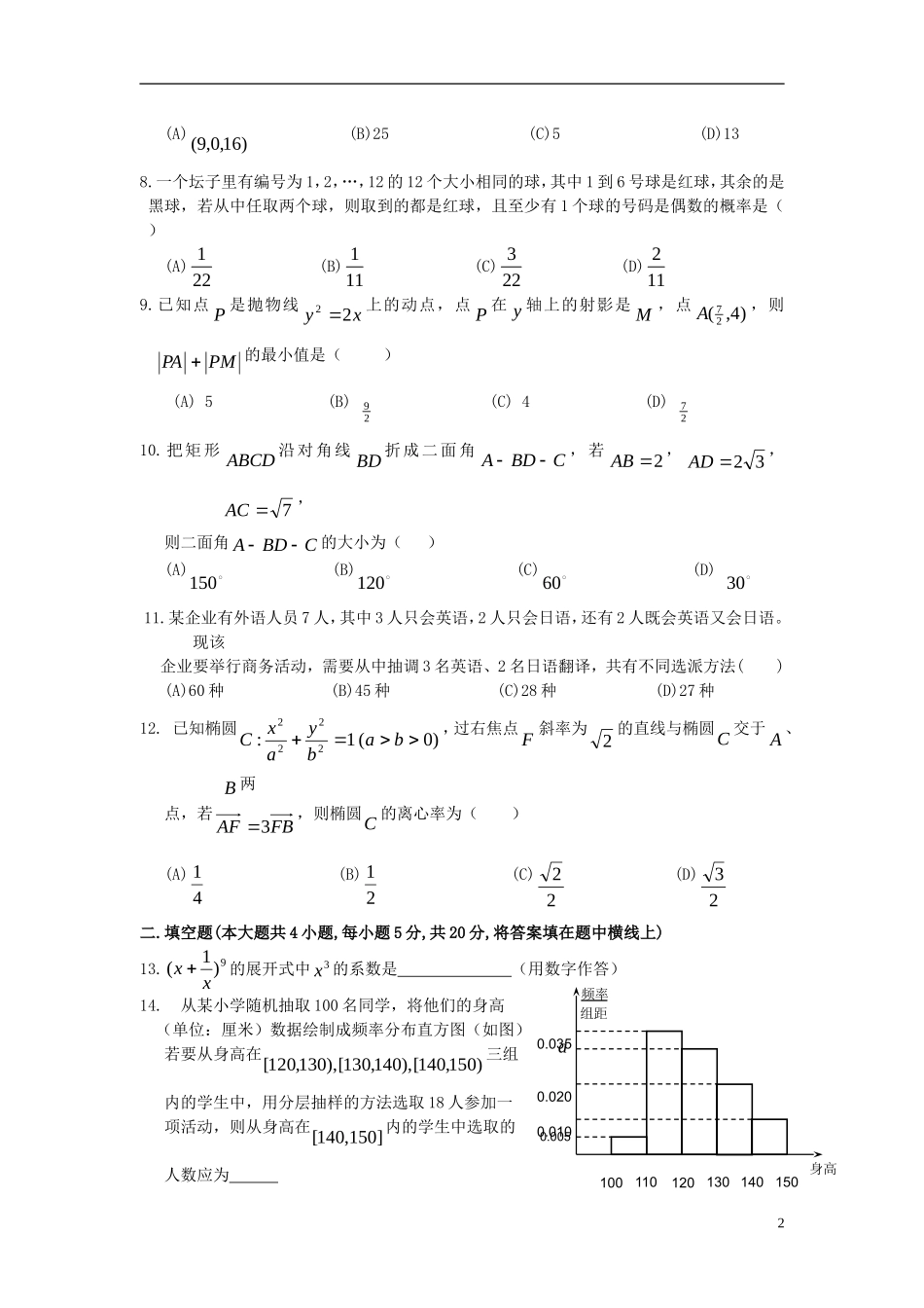辽宁省瓦房店市高级中学10-11学年度高二数学上学期期末考试 理_第2页