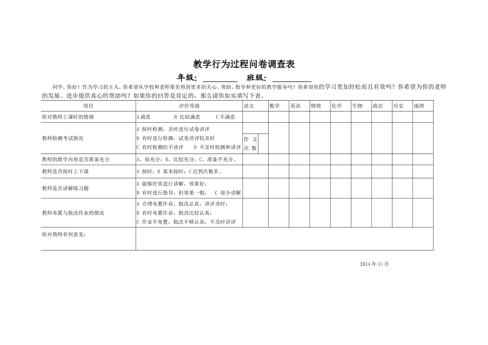 教学行为过程问卷调查表_第1页