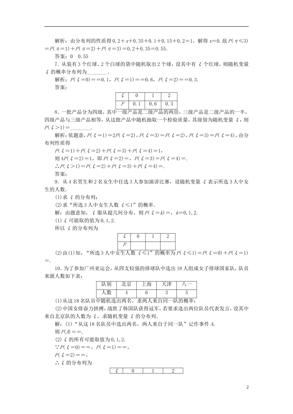 高中数学 第二章 概率 课时跟踪检测（十三）离散型随机变量的分布列 新人教A版选修2-3-新人教A版高二选修2-3数学试题_第2页