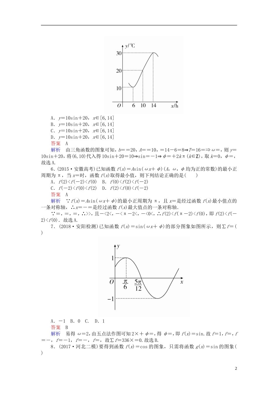 高考数学一轮复习 第3章 三角函数、解三角形 3.4 函数y＝Asin(ωx＋φ)的图象及应用课后作业 理-人教版高三全册数学试题_第2页