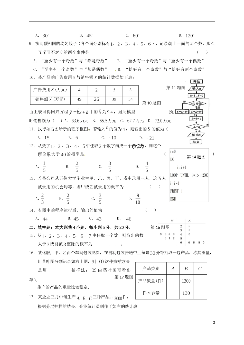 福建省莆田市高二数学上学期期末考试试题 文-人教版高二全册数学试题_第2页