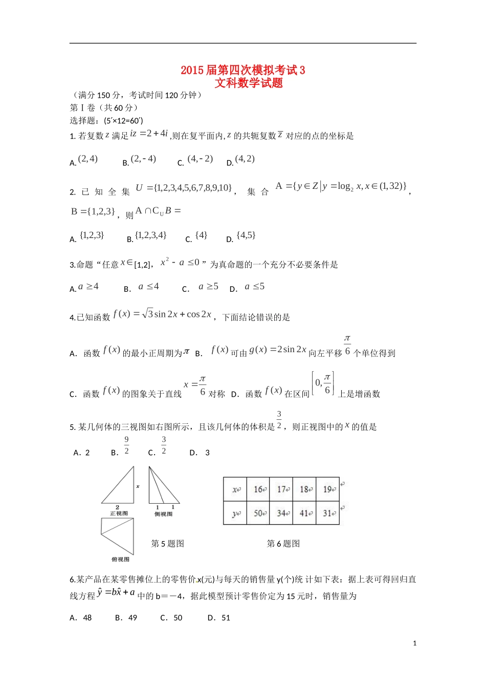 陕西省西工大附中高三数学下学期三模考试试题 文-人教版高三全册数学试题_第1页