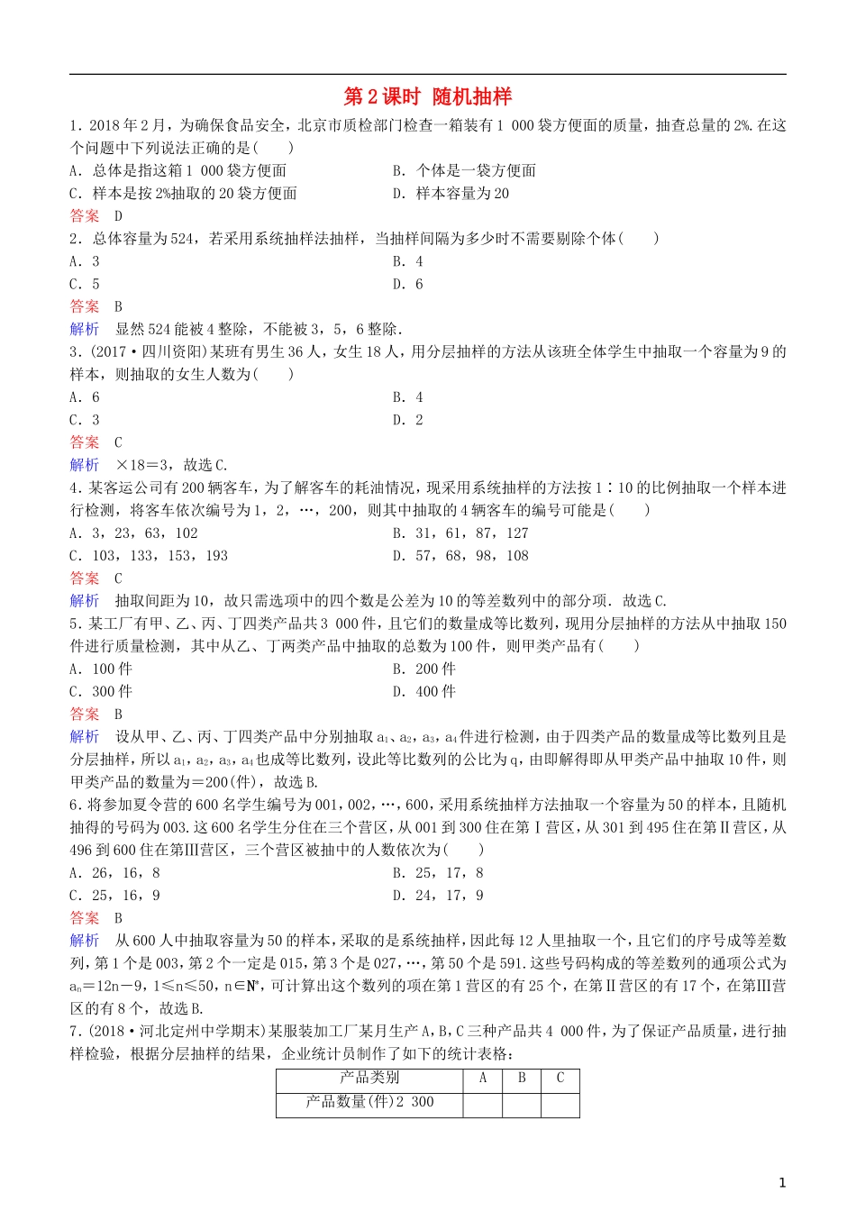 高考数学一轮复习 第10章 算法初步与统计 第2课时 随机抽样练习 理-人教版高三全册数学试题_第1页