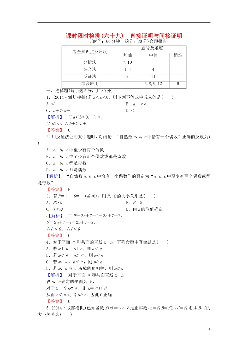 山东省济宁市高考数学一轮复习 47直接证明与间接证明限时检测 新人教A版-新人教A版高三全册数学试题_第1页