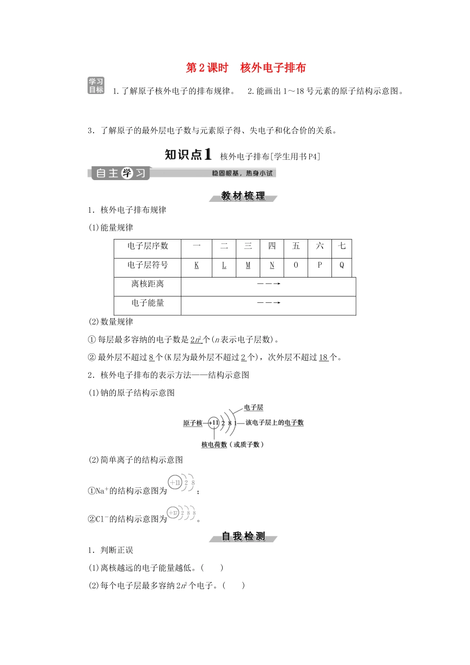 高中化学 第1章 原子结构与元素周期律 第1节 原子结构 第2课时 核外电子排布练习（含解析）鲁科版必修2-鲁科版高一必修2化学试题_第1页