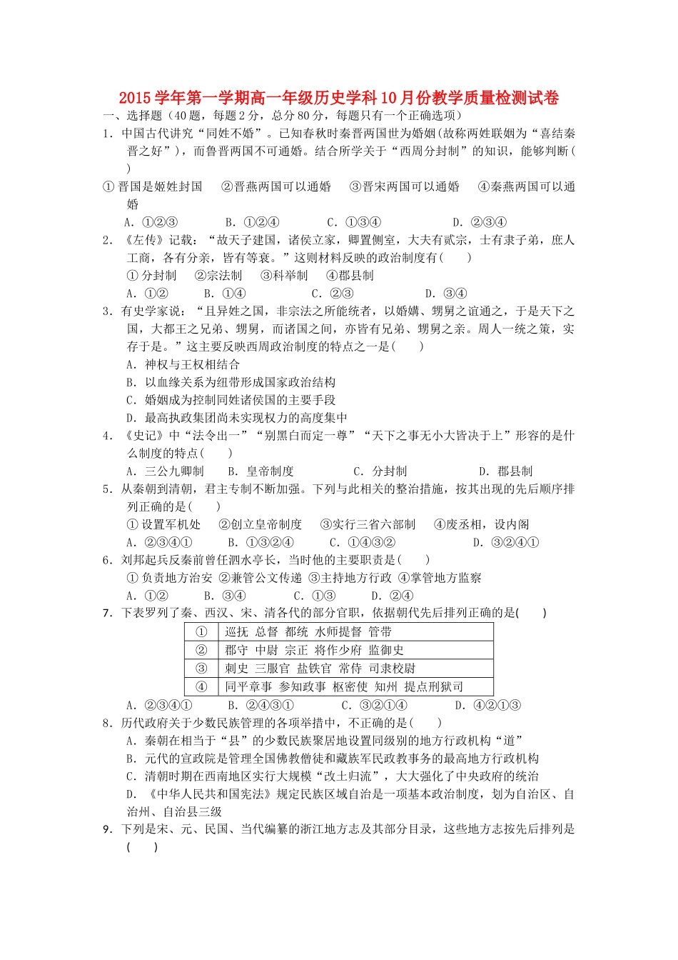 高一历史10月教学质量检测试题-人教版高一全册历史试题_第1页