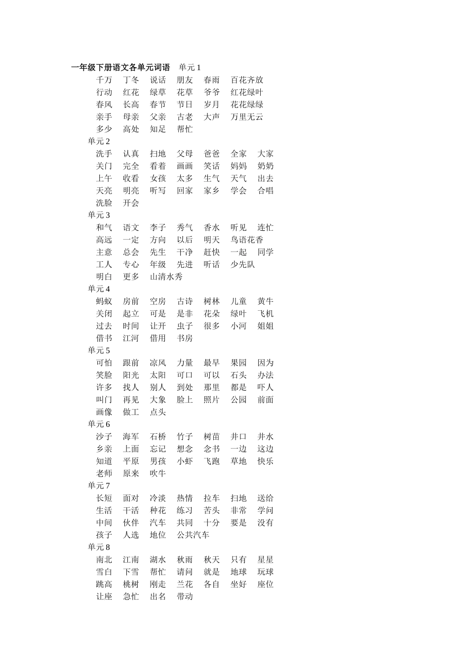 一年级下册语文各单元词语_第1页