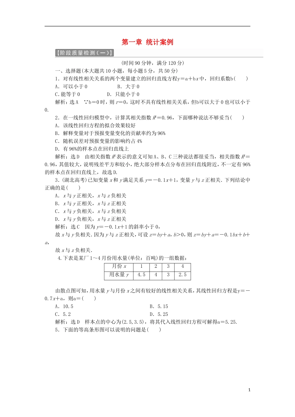 高中数学 第一章 统计案例阶段质量检测A卷（含解析）新人教A版选修1-2-新人教A版高二选修1-2数学试题_第1页