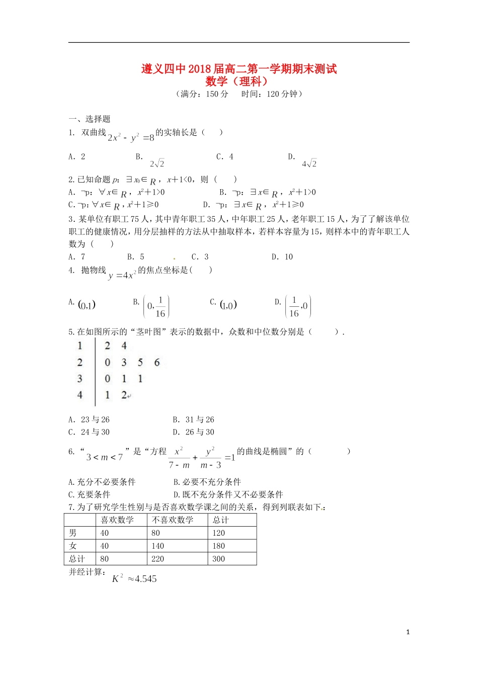 贵州省遵义四中高二数学上学期期末考试试题 理-人教版高二全册数学试题_第1页