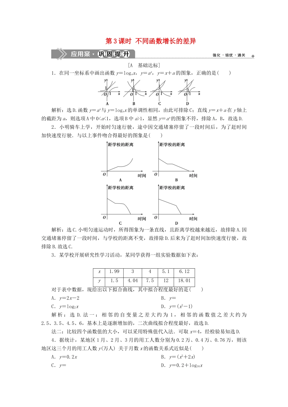 高中数学 第四章 指数函数与对数函数 4.4 对数函数（第3课时）不同函数增长的差异应用案巩固提升 新人教A版必修第一册-新人教A版高一第一册数学试题_第1页