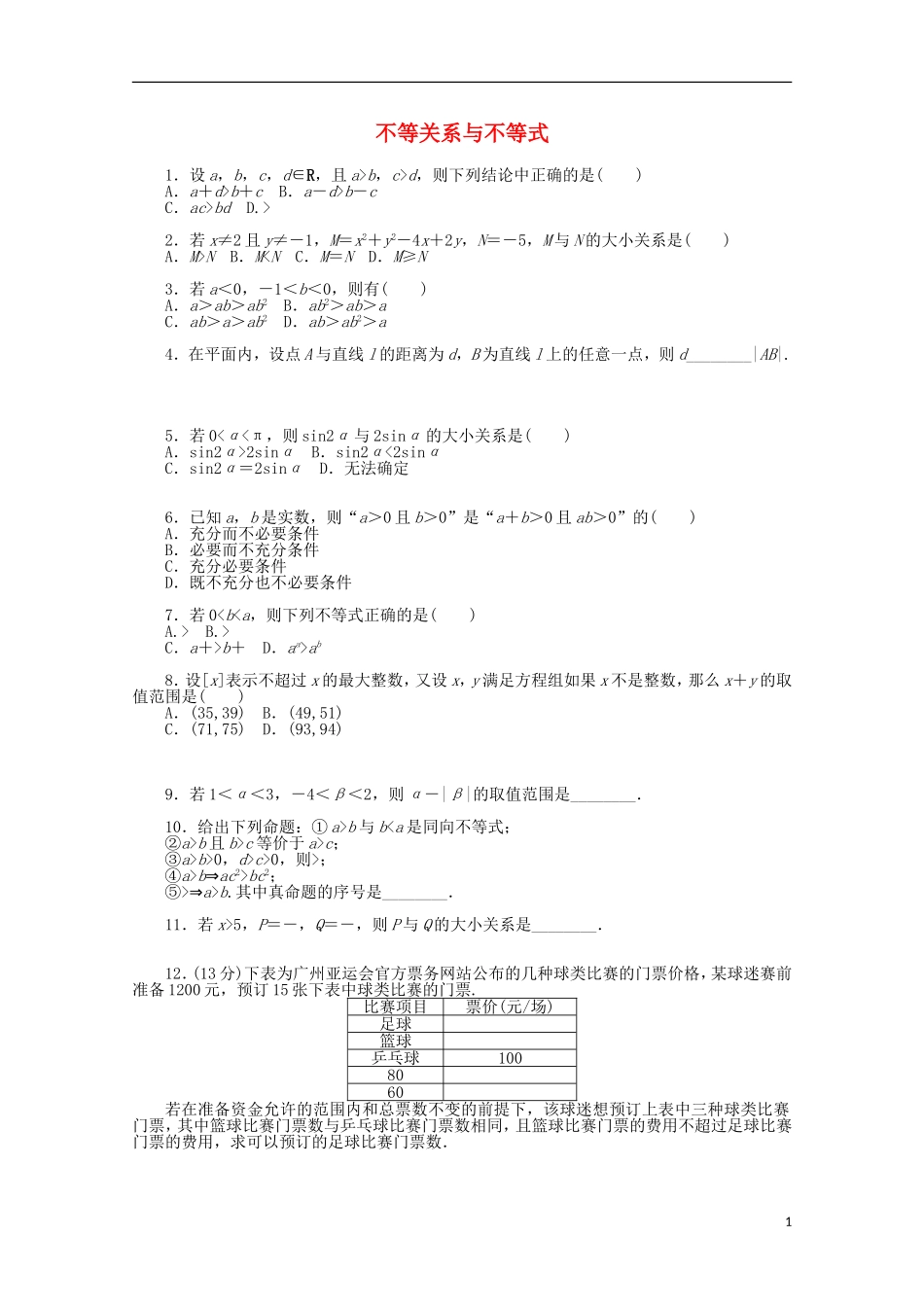 高考数学一轮复习 不等关系与不等式基础知识检测 文-人教版高三全册数学试题_第1页