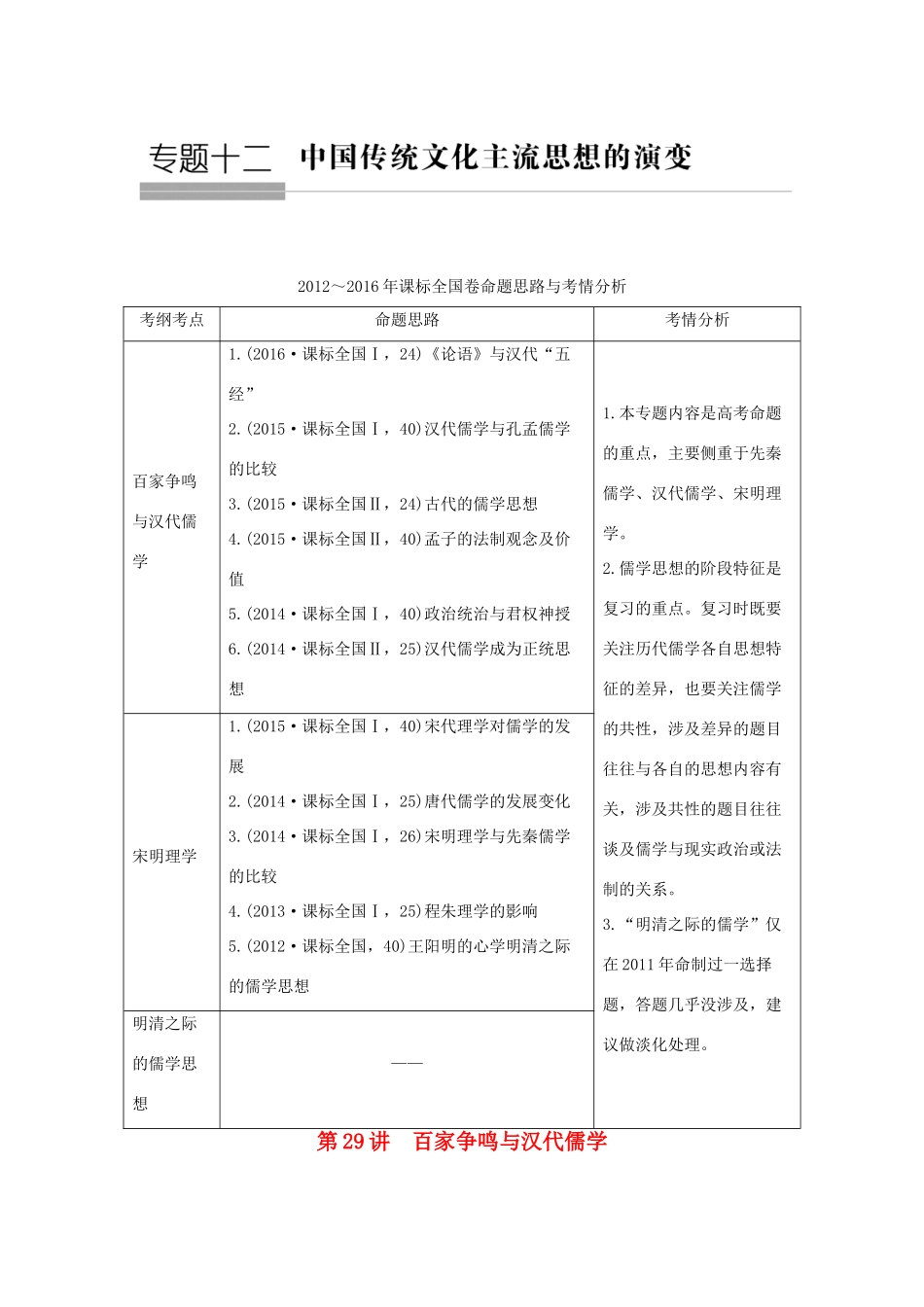 高考历史总复习 专题十二 中国传统文化主流思想的演变 第29讲 百家争鸣与汉代儒学教师用书 人民版-人民版高三全册历史试题_第1页