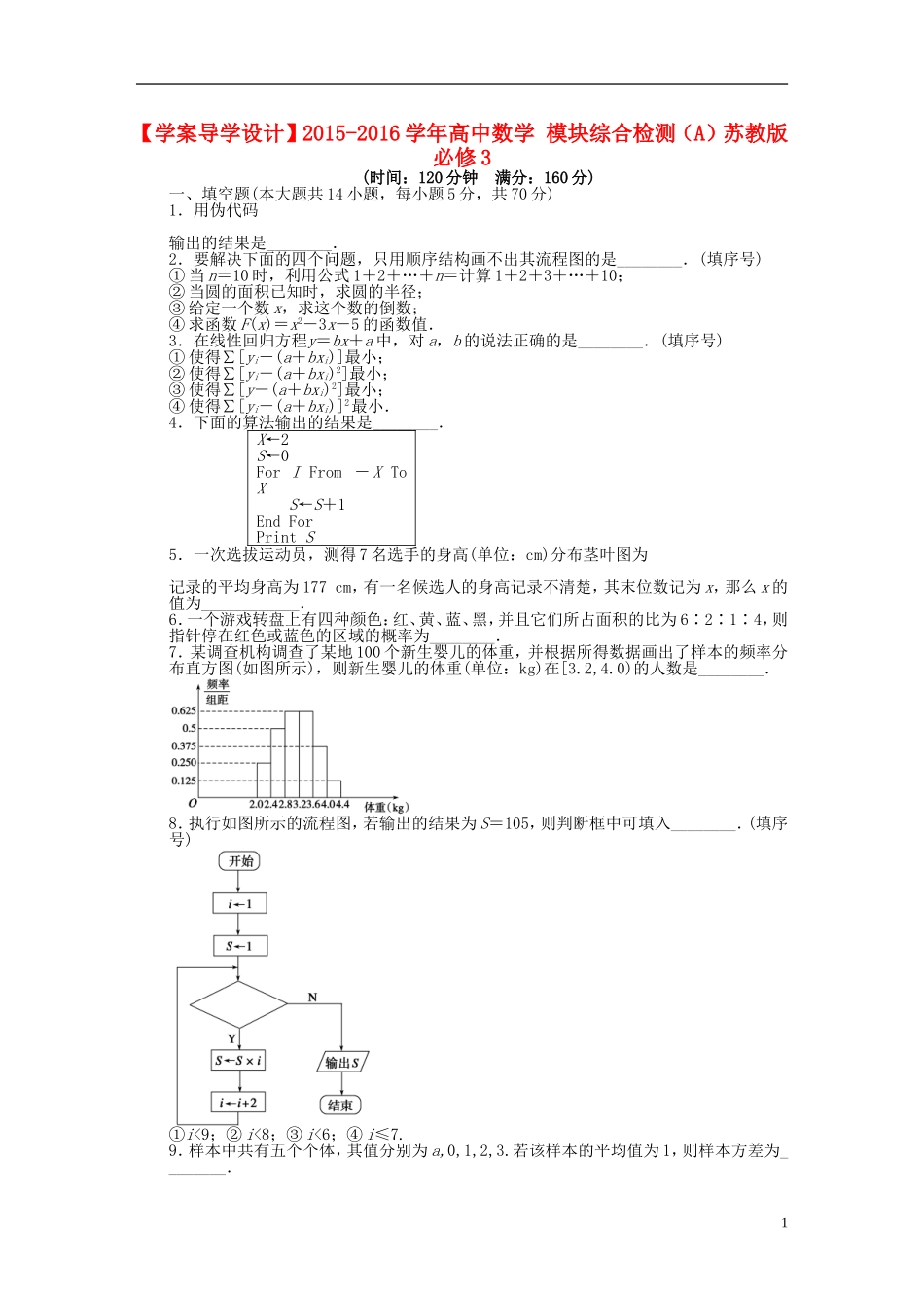 高中数学 模块综合检测（A）苏教版必修3-苏教版高一必修3数学试题_第1页