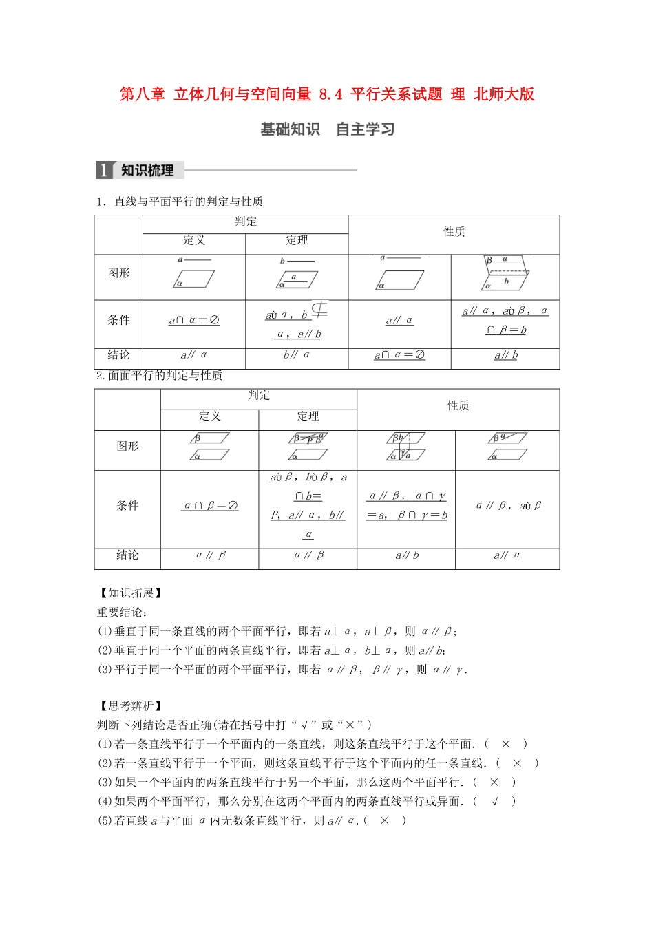 高考数学大一轮复习 第八章 立体几何与空间向量 8.4 平行关系试题 理 北师大版-北师大版高三全册数学试题_第1页