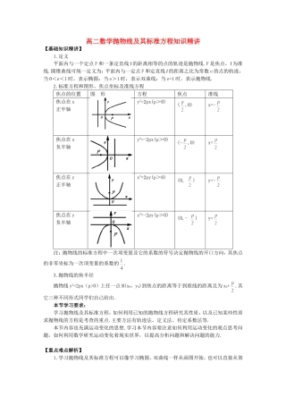 高二数学抛物线及其标准方程知识精讲