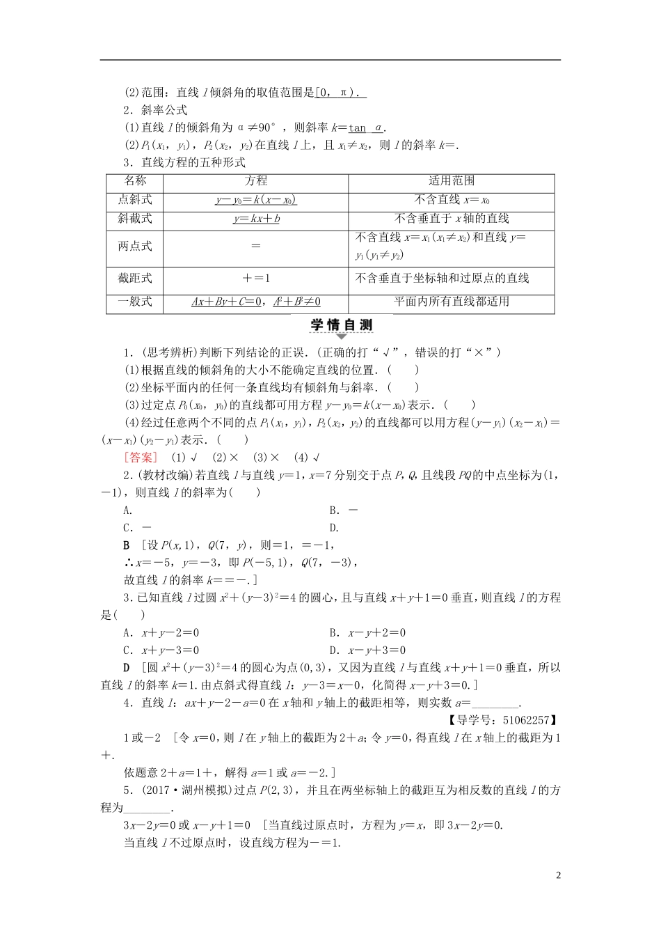 （浙江专版）高考数学一轮复习 第8章 平面解析几何 第1节 直线的倾斜角与斜率、直线的方程教师用书-人教版高三全册数学试题_第2页