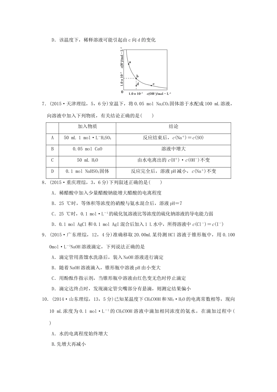 三年高考两年模拟高考化学专题汇编 专题九 弱电解质的电离平衡与溶液的酸碱性-人教版高三全册化学试题_第3页