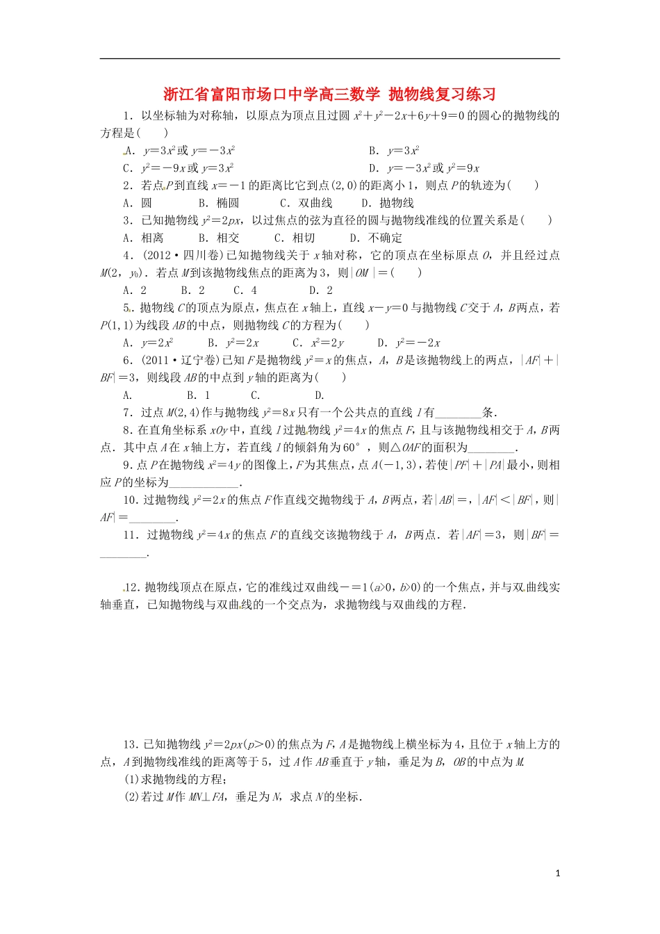 浙江省富阳市场口中学高三数学 抛物线复习练习_第1页