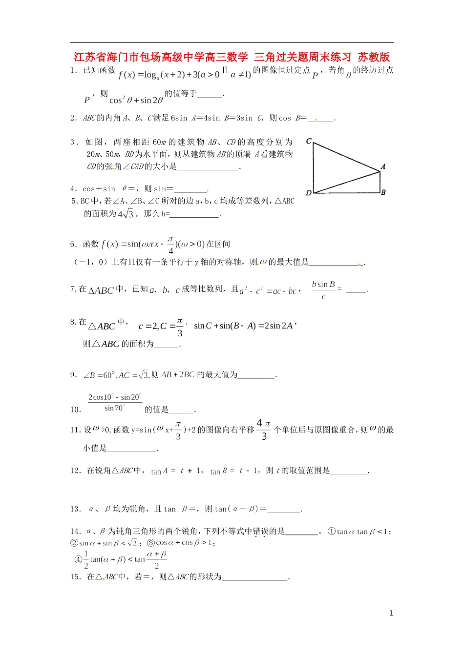 江苏省海门市包场高级中学高三数学 三角过关题周末练习 苏教版_第1页