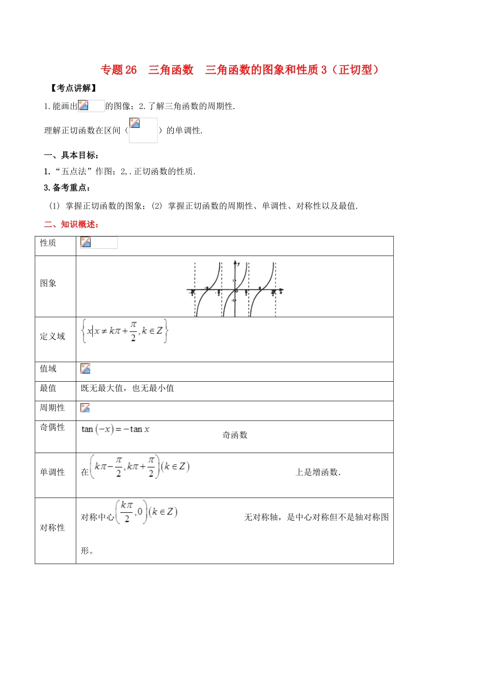 高考数学 高频考点揭秘与仿真测试 专题26 三角函数 三角函数的图象和性质3（正切型）文（含解析）-人教版高三全册数学试题_第1页