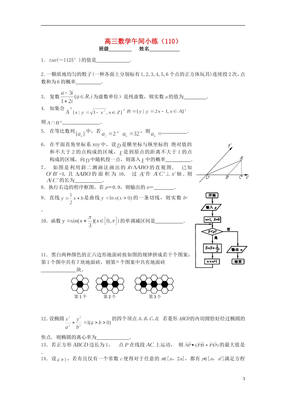 江苏省宿迁市剑桥国际学校高三数学午练（110） 苏教版_第1页