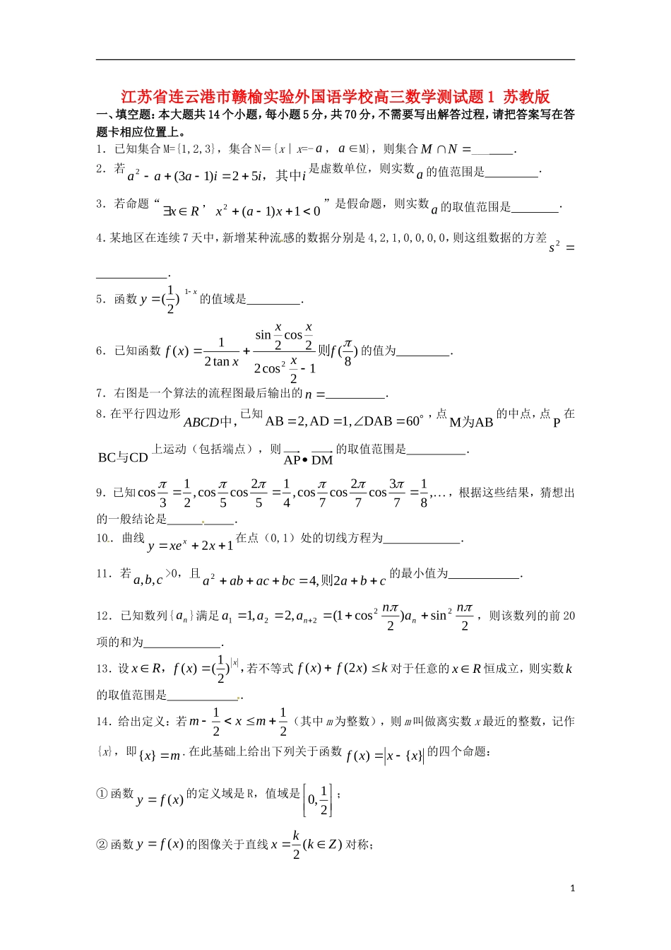 江苏省连云港市赣榆实验外国语学校高三数学测试题1 苏教版_第1页